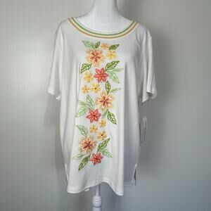 Alfred Dunner XL Floral Embroidered Top NWT White Cotton Blend Tropical FLAW